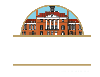 The image features a classical building with red brick, white columns, and a blue sky background, framed in a semi-circular design.