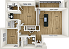 A floor plan of an apartment featuring a living room, dining area, kitchen, and two bedrooms with bathrooms.