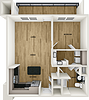 A floor plan of an apartment featuring a living area, dining area, kitchen, bedroom, and bathroom.