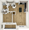 A floor plan showing a layout with a living room, dining area, kitchen, bedroom, and bathroom.