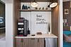 Coffee maker station with built in shelf and cabinets and mini fridge