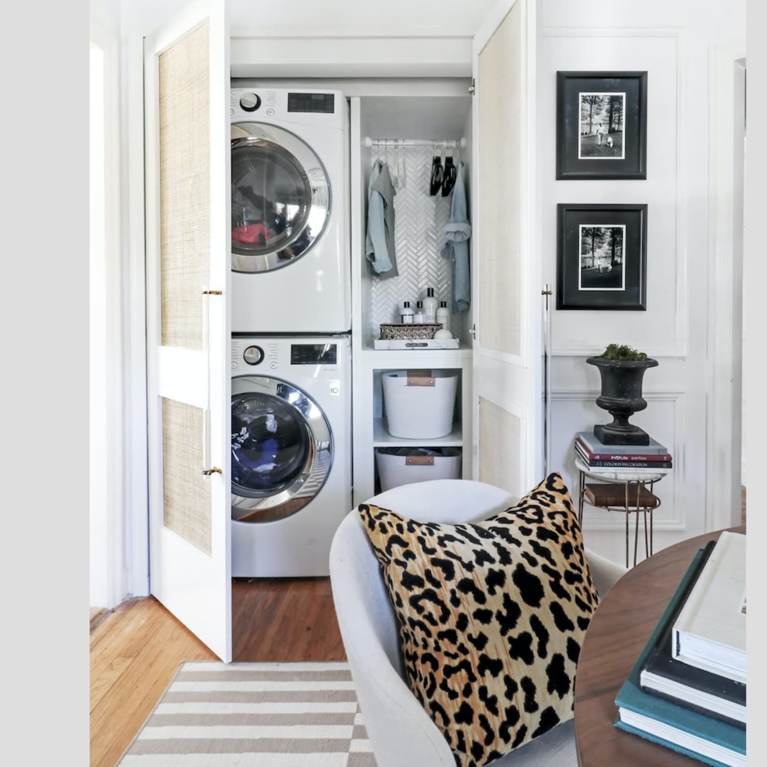 Chair with washer and dryer in closet in background