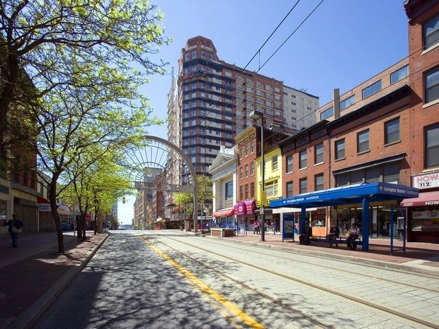 View of city street and businesses