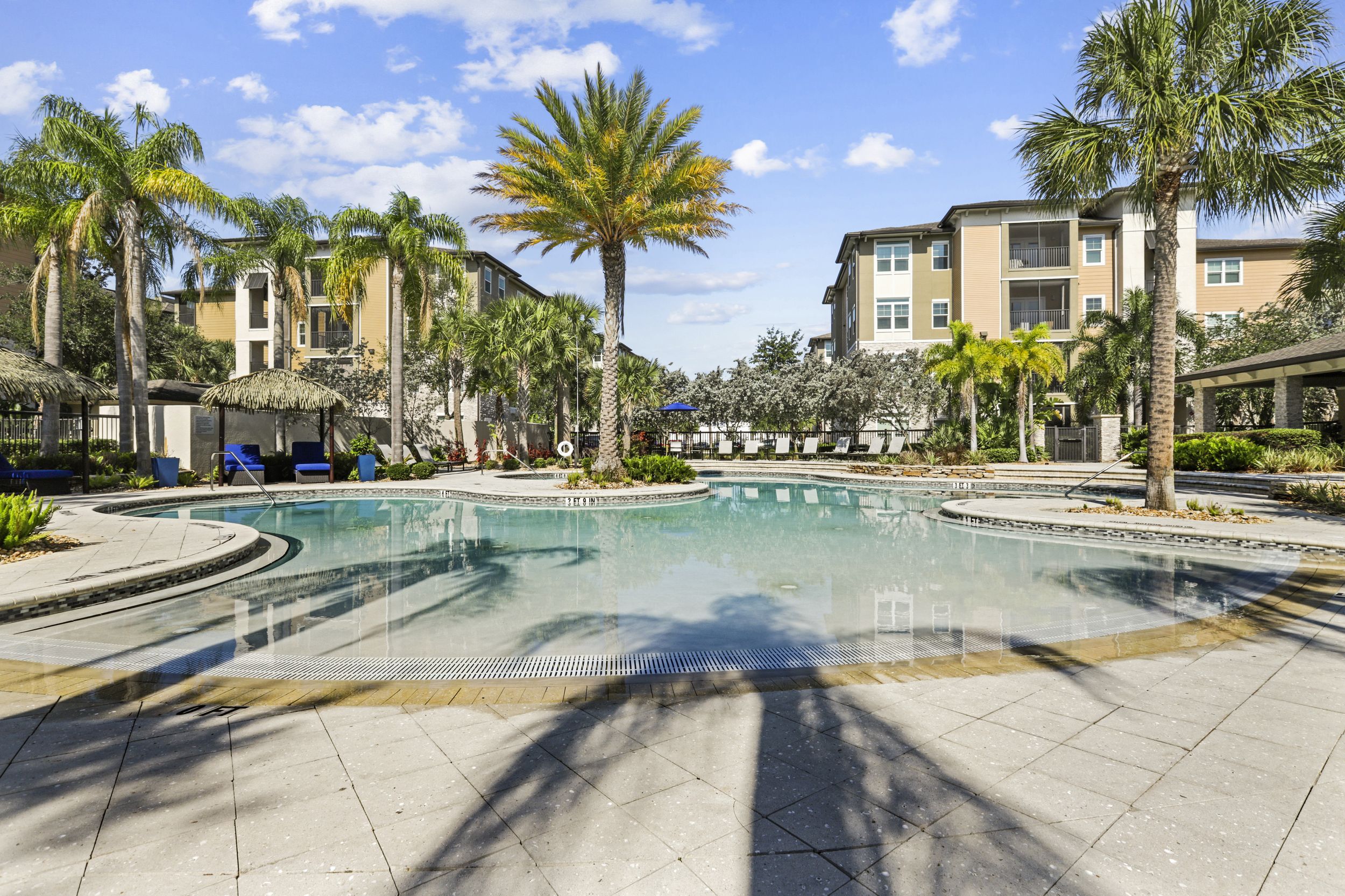 Resort-style pool with sundeck, palm trees, and lounge chairs at Lantower Brandon Crossroads.