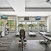 Gym with cable equipment, free weights, carpet flooring, machines, ceiling fans, mirrored walls, and TVs at Lantower The Cortona