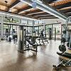 Spacious wood-style flooring with spaced out gym equipment, and surrounded by windows at Lantower Legacy Lakes