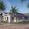 Rendering of clubhouse with palm trees and landscaping