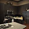 Stainless steel appliances in kitchen with granite countertops