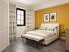 Bedroom with yellow accent wall and slate gray wood like flooring