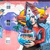 Mural of bird and woman holding bowl