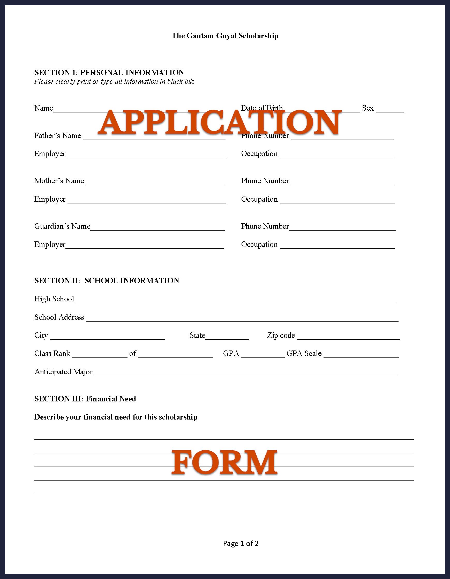 Gautam Goyal Scholarship application form sample page