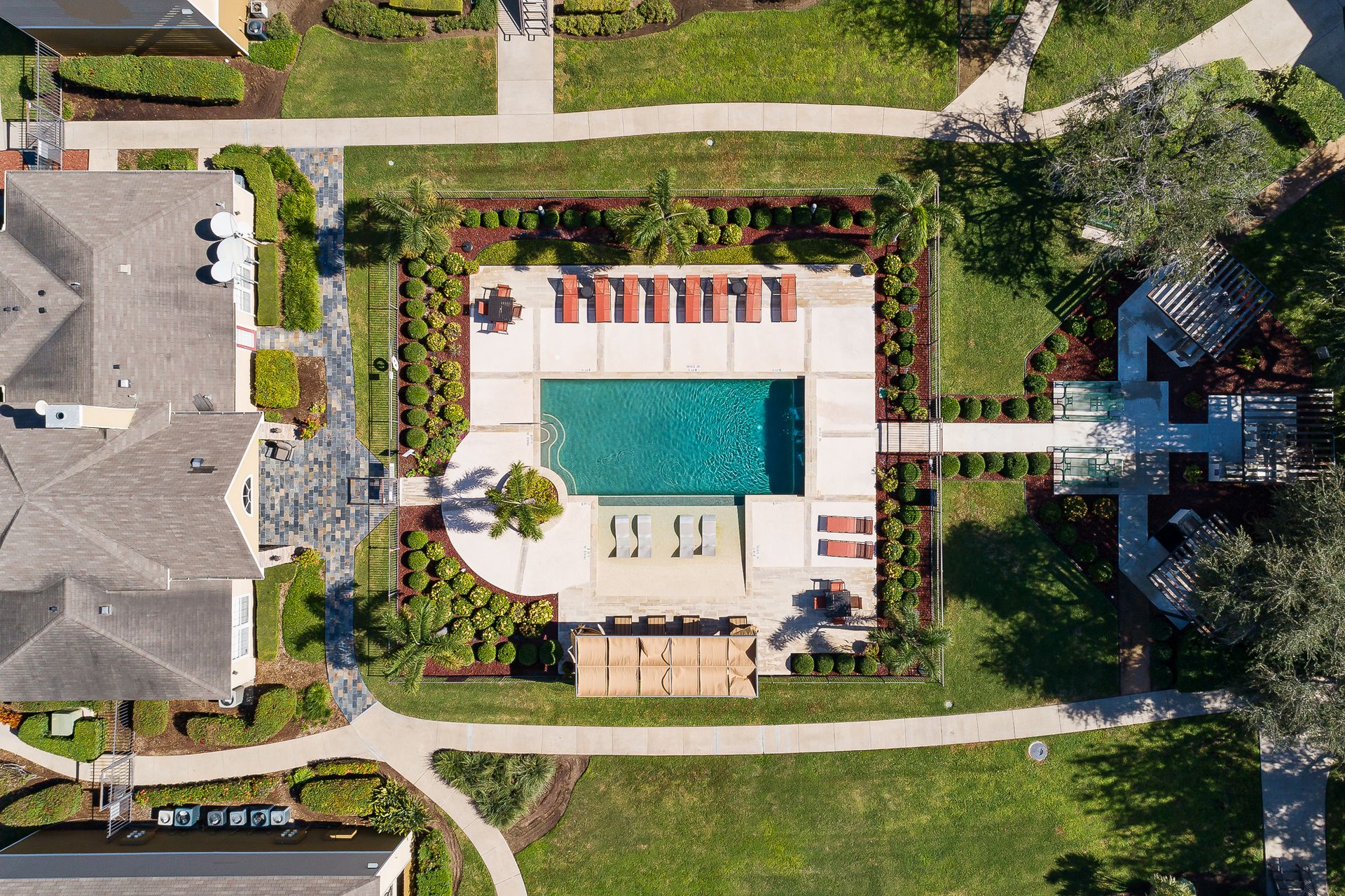 Aerial view of pool and building