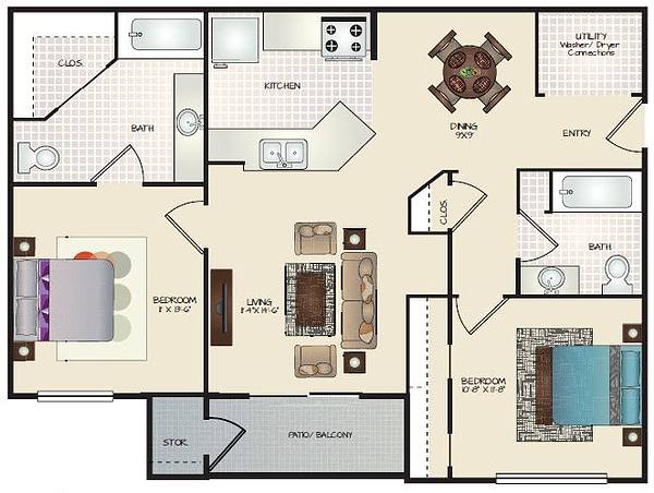This two bedroom apartment at Hearthstone offers a split floor plan layout for added privacy and is ideal for roommates. 