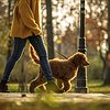 Woman walking dog outside in park in the fall
