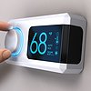 Hand adjusting digital thermostat showing sixty eight degrees

