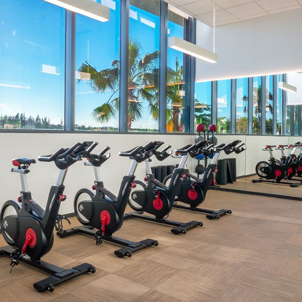 Fitness & Yoga Facilities Peloton Bikes in the Fitness Studio at The Shoreline at Solé Mia Apartments in North Miami